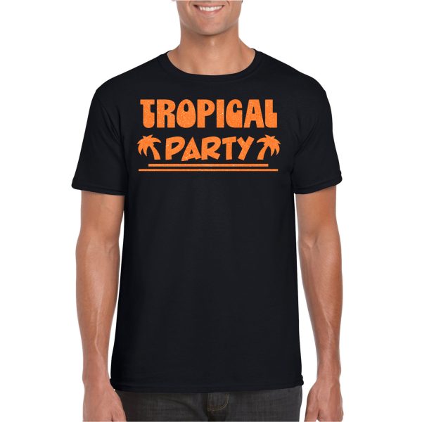 Tropical party T-shirt voor heren - met glitters - zwart/oranje - carnaval/themafeest