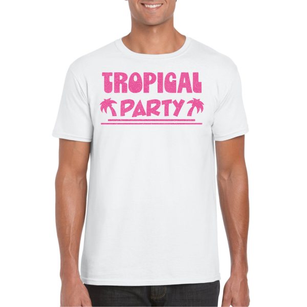 Tropical party T-shirt voor heren - met glitters - wit/roze - carnaval/themafeest