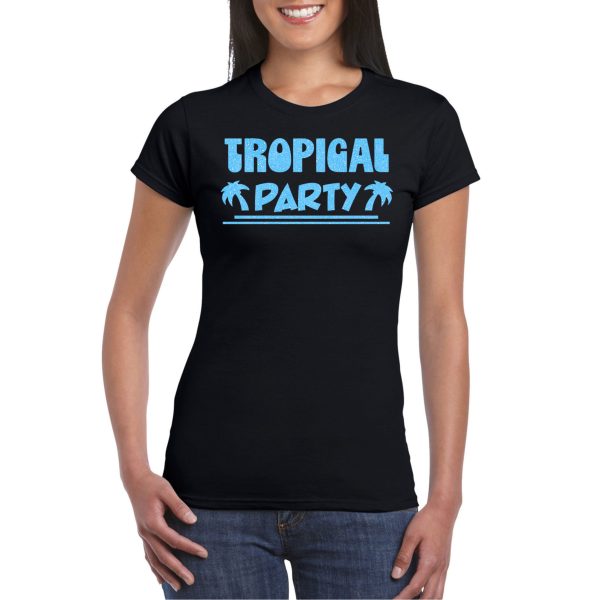 Tropical party T-shirt voor dames - met glitters - zwart/blauw - carnaval/themafeest