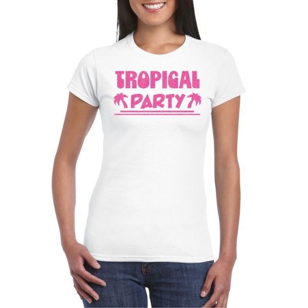 Tropical party T-shirt voor dames - met glitters - wit/roze - carnaval/themafeest