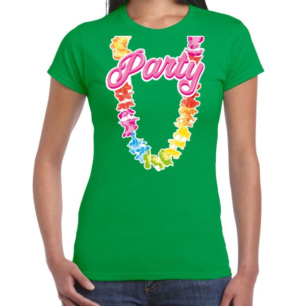 Tropical party T-shirt voor dames - bloemenkrans - groen - carnaval/themafeest