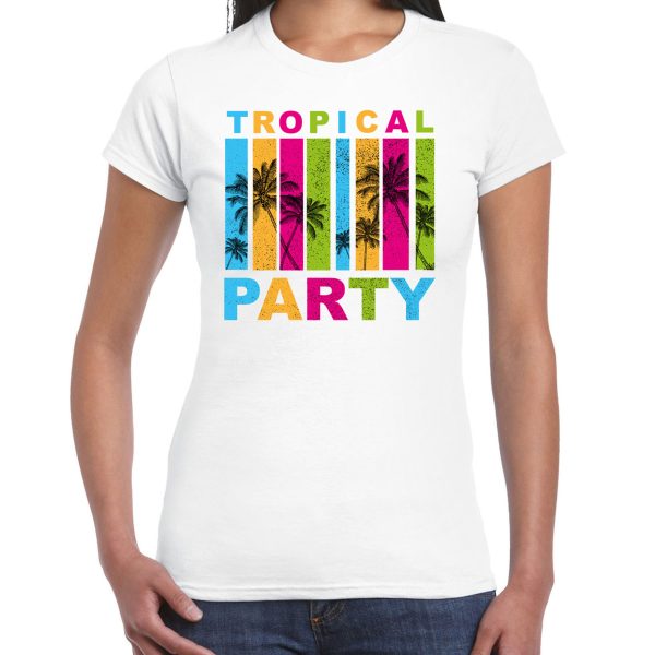 Tropical party T-shirt voor dames - palmbomen - wit - carnaval/themafeest