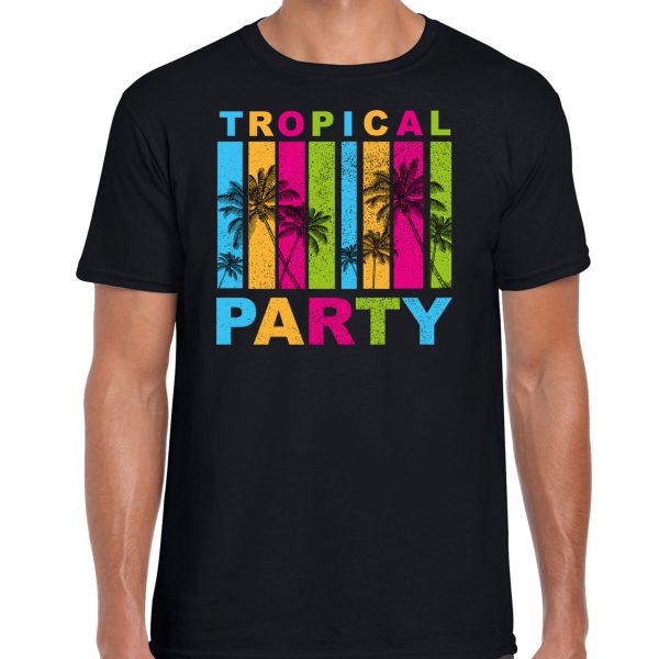 Tropical party T-shirt voor heren - palmbomen - zwart - carnaval/themafeest