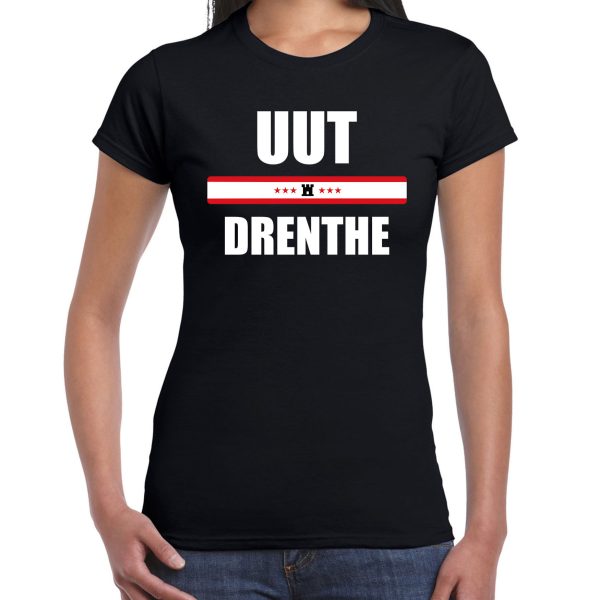 Drents dialect shirt Uut Drenthe met Drentse vlag zwart voor dames 2XL -