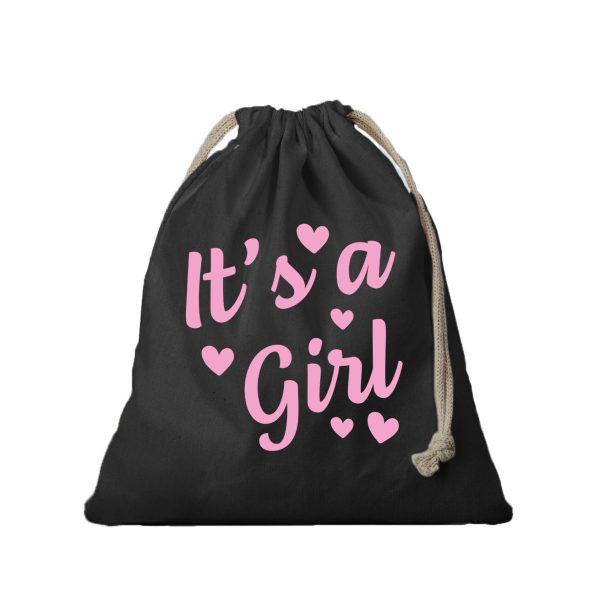 1x Canvas cadeautasje/ kraamcadeau tasje It's a girl zwart met koord 25 x 30 cm