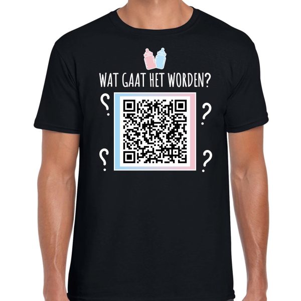 QR code gender reveal t-shirt wat gaat het worden heren zwart - meisje - Gender reveal shirts