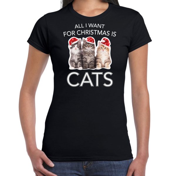 Zwart Kerstshirt / Kerstkleding All i want for Christmas is cats voor dames 2XL -