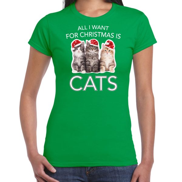 Groen Kerstshirt / Kerstkleding All i want for christmas is cats voor dames 2XL -