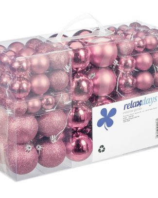 Relaxdays kerstballen - 100x st - roze - 3, 4 en 6 cm - kunststof - mat/glans/glitter