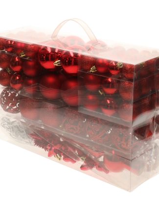 Pakket met 110x stuks kunststof kerstballen/ornamenten met piek rood