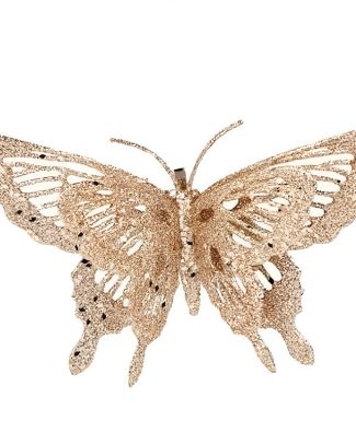 Decoratie vlinder - op clip - goud - 15 x 11 cm - kunststof - kerstversiering