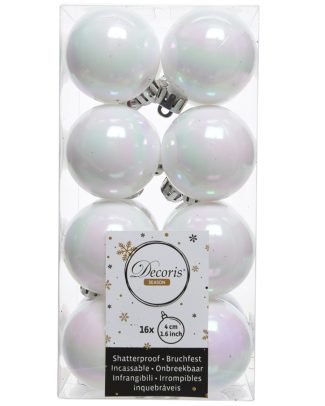 Decoris kleine kerstballen - 16x st - wit parelmoer - 4 cm - kunststof - onbreekbare kerstballen