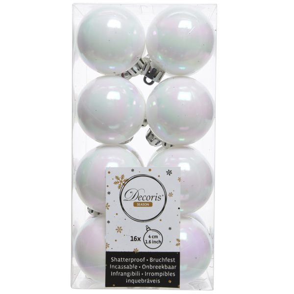 Decoris kleine kerstballen - 16x st - wit parelmoer - 4 cm - kunststof - onbreekbare kerstballen