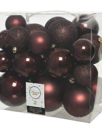 Kerstballen - 26x st - mahonie bruin - 6-8-10 cm - kunststof - kerstversiering
