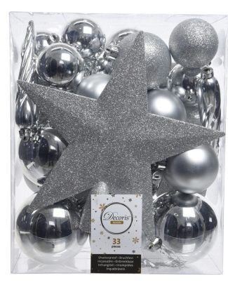 Decoris kerstballen set - 34-dlg - zilver - incl. piek - kunststof - kerstversiering