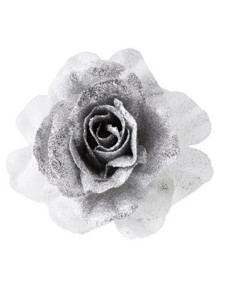 1x Kerstboomversiering bloem op clip zilver/wit en besneeuwd 18 cm