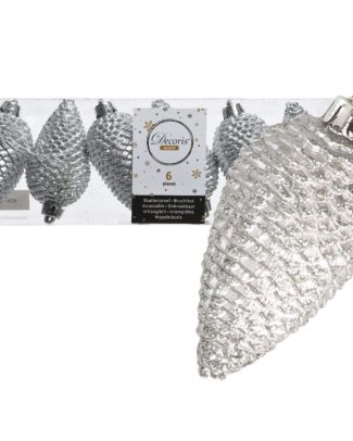 Kersthangers dennenappels - 6x st - zilver - glitter - 8 cm - kunststof - kerstversiering