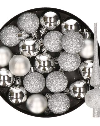 24x stuks kunststof kerstballen 6 cm inclusief glitter piek zilver