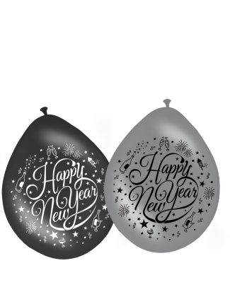 Happy New Year Ballonnen Zwart-Zilver 30cm - 8 stuks