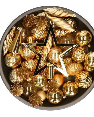 Decoris kerstballen, ornamenten en piek set - 60-delig - goud - kunststof