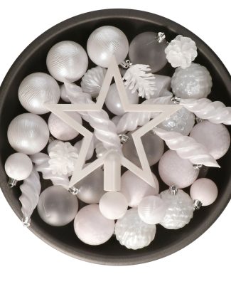 Decoris kerstballen, ornamenten en piek set - 60-delig - wit - kunststof