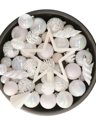 Decoris kerstballen, ornamenten en piek set - 60-delig - wit parelmoer - kunststof