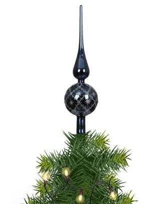 Decoris kerstboom piek - gedecoreerd - donkerblauw - glans - glas - H31 cm - kerstboompiek