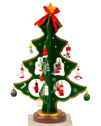 Klein decoratie kerstboompje - groen - met hangers - H25 cm - hout