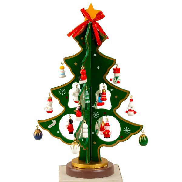 Klein decoratie kerstboompje - groen - met hangers - H25 cm - hout
