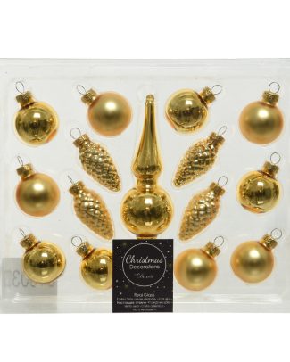 Decoris Mini kerstballen D3 cm - met piek - set 15-delig - goud - glas - kerstversiering
