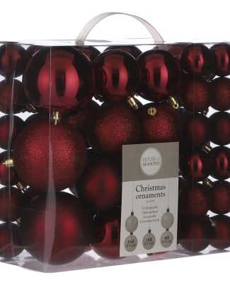 Kerstballenpakket 46x donkerrode kunststof kerstballen mix