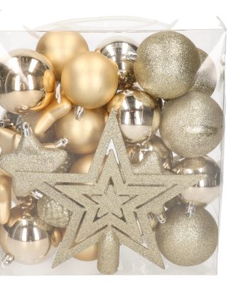 39x stuks kunststof kerstballen en kerstornamenten met ster piek champagne mix