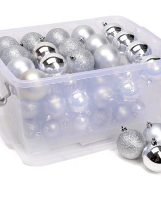 Kerstballen - 70x st - zilver - 4-6-8 cm - kunststof - in opbergbox - kerstversiering