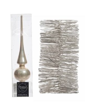 Kerstboomversiering set champagne piek en 3x folieslingers 27