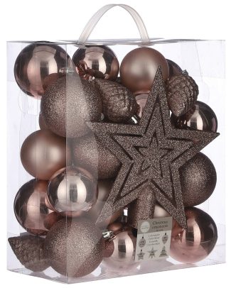 39x stuks kunststof kerstballen en kerstornamenten met ster piek roze mix