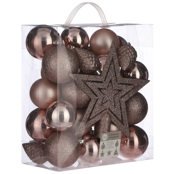 39x stuks kunststof kerstballen en kerstornamenten met ster piek roze mix