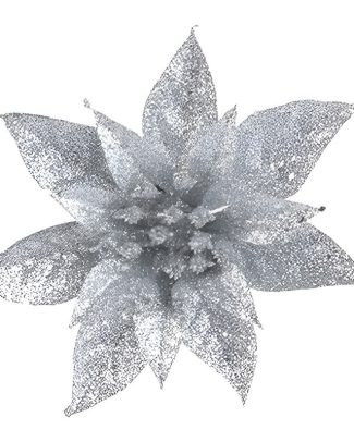 1x Kerstboomversiering op clip zilveren glitter bloem 15 cm