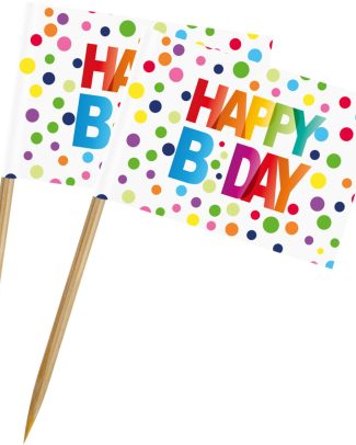 Cocktailprikkers met stippen - 50x - Happy B-day - 6,5 cm - verjaardag versiering
