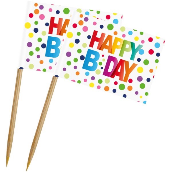 Cocktailprikkers met stippen - 50x - Happy B-day - 6,5 cm - verjaardag versiering