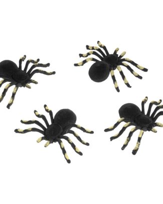 Nep spinnen 10 cm - zwart/goud - 4x stuks - velvet/fluweel - Horror/griezel thema decoratie