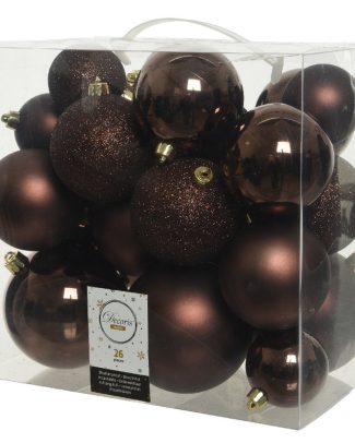Kerstballen - 26x st - donkerbruin - 6-8-10 cm - kunststof - kerstversiering