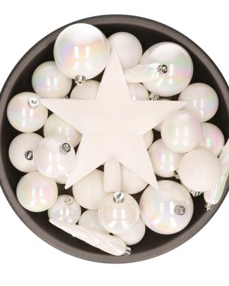 Bellatio Decorations kerstballen set - 34-dlg - parelmoer wit - incl. piek - kunststof