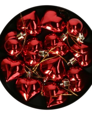 Kersthangers hartjes - 12x stuks - 4 cm - rood - glans - kunststof - kerstornamenten set