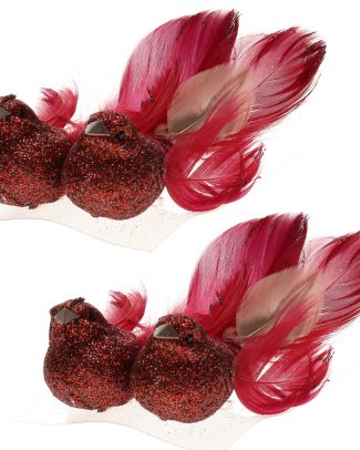 2x stuks decoratie vogels op clip glitter rood 11 cm