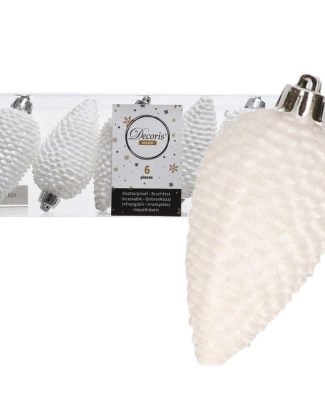 Kersthangers dennenappels - 6x st - wit - glitter - 8 cm - kunststof - kerstversiering