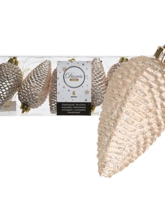 Kersthangers dennenappels - 6x st - champagne - glitter - 8 cm - kunststof - kerstversiering