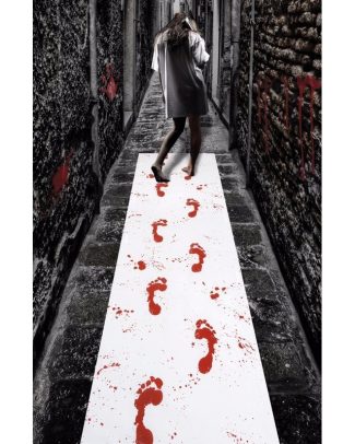 Witte loper met rode bloed voetstappen - 450 x 60 cm - Halloween/horror decoratie