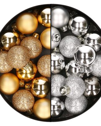 28x stuks kleine kunststof kerstballen goud en zilver 3 cm