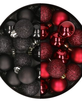 28x stuks kleine kunststof kerstballen zwart en bordeaux rood 3 cm