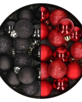 28x stuks kleine kunststof kerstballen zwart en rood 3 cm